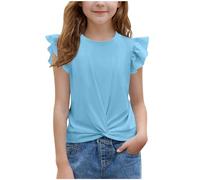 duxyoz T-shirts d'été pour filles enfants à manches volantées hauts décontractés torsadés sur le devant couleur unie col rond t-shirt tendance tunique ample élégante loisirs chemisier pour enfants 5