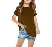 duxyoz T-shirts pour filles - Uni - Manches courtes - Extensible - Col rond - Tunique basique - Col rond - Col rond - T-shirt classique - Confortable - Respirant - Chemises décontractées, Marron (01),