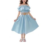 duxyoz Tenues 2 pièces pour filles - Haut court à volants et épaules dénudées - Jupe plissée avec ceinture pour enfants et adolescents - Ensemble de vêtements d'été élégants de couleur unie - Robe de