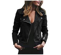 duxyoz Veste de moto courte en daim synthétique avec fermeture éclair - Style vintage - Manches longues - Fermeture éclair - Col à revers - Style décontracté - Pour femme, 01 Noir, XXL