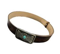 Duyeuau 1. Ceinture rétro réglable en cuir synthétique marron avec boucle gravée vintage unisexe pour une tenue décontractée et formelle, Boucle carrée, taille unique