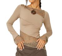 Duyeuau Chemise à manches longues assortie pour femme, T-shirts à col en patchwork, coupe féminine, streetwear, kaki, M