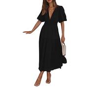 Duyeuau Robe haut à manches courtes bouffantes de couleur unie avec col en V pour femme, Noir , XL