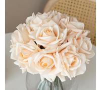 DUYONE Lot de 10 roses artificielles à tige unique en soie au toucher réaliste pour décoration de maison, fête, mariage (champagne)