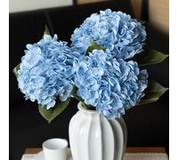 DUYONE Lot de 3 grandes hortensias artificielles réalistes au toucher réaliste de 55,9 cm - Fleurs sèches pour extérieur, mariage, Noël, bureau, fête de famille, salon, décoration de table (bleu)