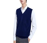 Dvbfufv Pull en laine chaude pour homme - Printemps et hiver - Col en V - Sans manches - Pull en cachemire tricoté, bleu marine, L