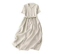 Dvbfufv Robe d'été vintage en coton et lin à manches courtes avec lacets à revers et couleur unie pour femme, 3, XS