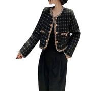Dvbfufv Veste courte en laine à carreaux vintage pour femme - Manteau d'automne à manches longues en tweed à simple boutonnage, Noir , XS