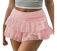 DVERFSWEV-GH Mini-Jupe en Dentelle superposée Y2K for Femme, froncée, Ligne A, Mignonne, à Volants étagés, Taille Haute, Lingerie, Jupes Courtes(Pink,S)