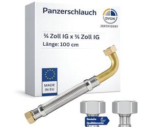 DVGW Tuyau blindé 3/4-1" 30-150 cm, tuyau flexible, DN25 & DN19, raccord d'eau, chauffage, adoucisseur, 100 cm, écrou de raccordement 3/4" avec coude x 3/4" tuyau blindé