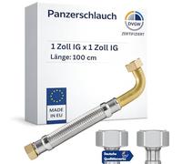 DVGW Tuyau blindé 3/4-1" 30-150 cm, tuyau flexible, DN25 & DN19, raccord d'eau, chauffage, système d'adoucissement (100 cm, écrou de raccordement de 1 pouce avec écrou coudé x tuyau blindé de 1")