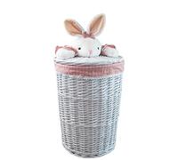 DVier Panier à linge rond en osier blanc avec couvercle en peluche lapin rose (taille M, diamètre : 39 cm, hauteur : 55 cm)