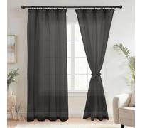 DWCN Lot de 2 rideaux en voile avec galon fronceur, aspect lin, semi-transparents, pour salon, noir, 245 x 140 cm (hauteur x largeur)