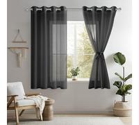 DWCN Lot de 2 Rideaux Voilages à Oeillets pour Fenêtre, Rideau Transparents avec Embrasses pour Salon Chambre d'enfant, Noir, 140x145cm (Largeur x Hauteur)