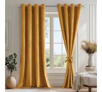 DWCN Rideau Velours Semi-Occultant, 140L X 260H cm Lot de 2, Luxurious Doux Rideau à Oeillets avec 2 Embrasses, Opaque Thermique Isolant Anti Chaleur Velour pour Chambre, Salon, Jaune Moutarde
