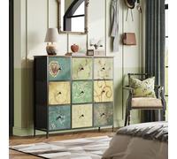 Dweeznop Commode à 9 tiroirs en tissu - Design floral rétro - Buffet bohème avec structure en métal - Pour salon, chambre d'enfant, couloir - 100 x 30 x 86,5 cm