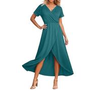 Dwevkeful Robe Femme Élégante Portefeuille Col V Manches Courtes Fente Devant Mi-Longue Fluide Robe Cocktail Mariage Cérémonie Bohème