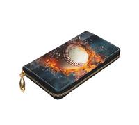 Dwrepo Fire Water Baseball Ball Print Portefeuille en cuir avec fermeture éclair pour pièces de monnaie Grande capacité Porte-cartes pour homme et femme Noir Taille unique Noir Taille unique, Noir ,
