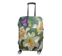 Dwrepo Housse de bagage élastique lavable - Housse de valise anti-poussière - Motif lys et papillon - Housse de protection tendance pour valise épaisse - Convient aux bagages de 45,7 à 81,3 cm, blanc,
