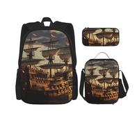 Dwrepo Lot de 3 sacs à dos 3 en 1 avec sac à déjeuner, boîte à stylos, bateau de pirate, sac à dos de voyage pour ordinateur portable pour homme et femme, noir, taille unique, voyage, Noir , Taille