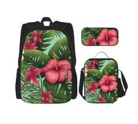 Dwrepo Lot de 3 sacs à dos 3 en 1 avec sac à déjeuner, boîte à stylos, feuilles tropicales hawaïennes, fleurs et sac à dos de voyage pour ordinateur portable pour homme et femme, noir, 1, Noir ,