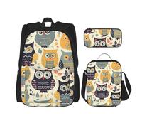 Dwrepo Lot de 3 sacs à dos 3 en 1 avec sac à déjeuner, boîte à stylos, hiboux mignons, sac à dos de voyage de grande capacité pour ordinateur portable pour homme et femme, noir, taille unique, Noir ,