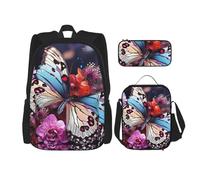 Dwrepo Lot de 3 sacs à dos 3 en 1 avec sac à déjeuner, boîte à stylos, papillons colorés sur fleurs, sac à dos de voyage de grande capacité pour ordinateur portable pour homme et femme, sac à dos