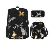 Dwrepo Lot de 3 sacs à dos 3 en 1 avec sac à déjeuner, boîte à stylos, papillons dorés et blancs, sac à dos de voyage de grande capacité pour ordinateur portable pour homme et femme, sac à dos