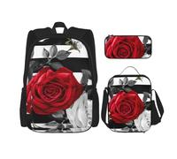 Dwrepo Lot de 3 sacs à dos 3 en 1 avec sac à déjeuner, boîte à stylos, rayures noires, blanches, fleurs rouges et roses, sac à dos de voyage pour ordinateur portable pour homme et femme, sac à dos