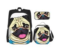 Dwrepo Lot de 3 sacs à dos 3 en 1 avec sac à déjeuner, boîte à stylos, sac à dos de voyage amusant, carlin, chiot, chien, sac à dos de voyage pour ordinateur portable pour homme et femme, sac à dos de