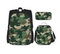 Dwrepo Lot de 3 sacs à dos 3 en 1 avec sac à déjeuner, boîte à stylos, sac à dos de voyage camouflage vert, sac à dos de voyage grande capacité pour ordinateur portable pour homme et femme, sac à dos