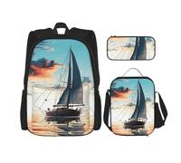 Dwrepo Lot de 3 sacs à dos 3 en 1 avec sac à déjeuner, boîte à stylos, sac à dos de voyage en voilier bleu, sac à dos de voyage pour ordinateur portable pour homme et femme, sac à dos décontracté,