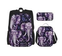 Dwrepo Lot de 3 sacs à dos 3 en 1 avec sac à déjeuner, boîte à stylos, sac à dos de voyage motif éléphant mignon, sac à dos de voyage pour ordinateur portable pour homme et femme, noir, taille unique,