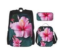 Dwrepo Lot de 3 sacs à dos 3 en 1 avec sac à déjeuner, boîte à stylos, sac à dos de voyage motif floral hawaïen, sac à dos de voyage pour ordinateur portable pour homme et femme, noir, taille unique,