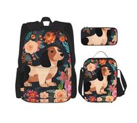 Dwrepo Lot de 3 sacs à dos 3 en 1 avec sac à déjeuner, boîte à stylos, sac à dos de voyage motif teckel floral, sac à dos de voyage pour ordinateur portable pour homme et femme, noir, taille unique,