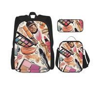 Dwrepo Lot de 3 sacs à dos 3 en 1 avec sac à déjeuner, boîte à stylos, sac à dos de voyage sur le thème des cosmétiques et du maquillage, sac à dos de voyage pour ordinateur portable pour homme et