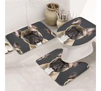 Dwrepo Lot de 3 tapis de bain antidérapants pour salle de bain bouledogue français, tapis de bain en microfibre absorbant, tapis de contour et housse de couvercle de toilette