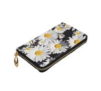 Dwrepo Portefeuille en cuir avec fermeture éclair pour femme - Grande capacité - Motif marguerites blanches - Noir - Taille unique - Noir - Taille unique, Noir , Taille unique