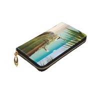 Dwrepo Portefeuille en cuir avec fermeture éclair pour femme Motif bateau et feuilles de noix de coco Grande capacité Porte-cartes pour homme et femme Noir Taille unique Noir Taille unique, Noir ,