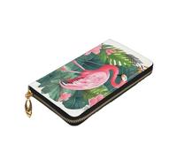 Dwrepo Portefeuille en cuir avec imprimé flamant rose et feuilles rondes pour femme avec fermeture éclair - Grande capacité - Porte-cartes pour homme et femme - Noir - Taille unique, Noir , Taille