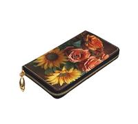 Dwrepo Portefeuille en cuir imprimé tournesol et rose pour femme avec fermeture éclair - Grande capacité - Porte-cartes pour homme et femme - Noir - Taille unique, Noir , Taille unique