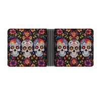 Dwrepo Portefeuille en cuir pour homme - Portefeuille fin à deux volets pour homme - Motif tête de mort - Fleurs colorées - Avec plusieurs cartes - Porte-cartes classique - Noir - Taille unique -
