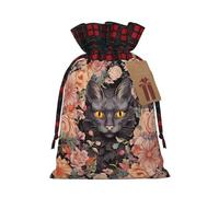 Dwrepo Sac cadeau de Noël avec cordon de serrage pour décoration de fleurs et chat - Taille M - Noir, Noir , 1 Count (Pack of 1)