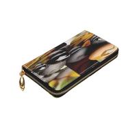 Dwrepo Stones and Spa Oil on the Wood Near a Pond Print Portefeuille en cuir avec fermeture éclair Porte-monnaie grande capacité pour femmes hommes cadeau, noir, taille unique, noir, taille unique,