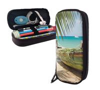 Dwrepo Trousse à crayons en cuir avec fermeture éclair, bateau bord de mer, feuilles de noix de coco, trousse à crayons mignonne pour hommes et femmes, noir, taille unique, L, Noir , Taille unique,