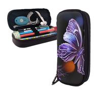 Dwrepo Trousse à crayons en cuir avec fermeture éclair - Beau papillon violet - Jolie trousse à crayons pour homme et femme - Noir - Taille unique - L, Noir , Taille unique, Taille L