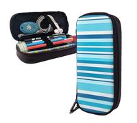 Dwrepo Trousse à crayons en cuir avec fermeture éclair et rayures bleues - Jolie trousse à crayons pour homme et femme - Noir - Taille unique - L, Noir , Taille unique, Taille L
