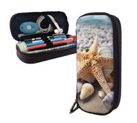 Dwrepo Trousse à crayons en cuir avec fermeture éclair - Étoile de mer et coquillages sur la plage - Jolie trousse à crayons pour homme et femme - Noir - Taille unique - L, Noir , Taille unique,