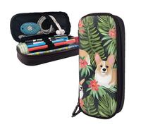 Dwrepo Trousse à crayons en cuir avec fermeture éclair - Fleur tropicale et corgi - Jolie trousse à crayons pour homme et femme - Noir - Taille unique - L, Noir , Taille unique, Taille L