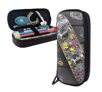 Dwrepo Trousse à crayons en cuir avec fermeture éclair - Graffiti - Skateboard - Jolie trousse à crayons pour homme et femme - Noir - Taille unique - L, Noir , Taille unique, Taille L